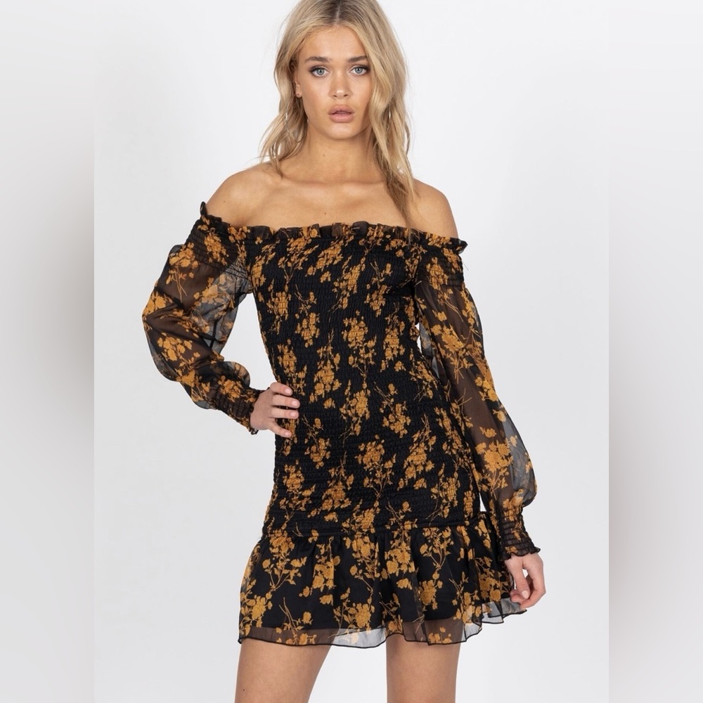 Princess Polly‎ Black & Orange Floral Print Off the Shoulder Mini Dress, Size S